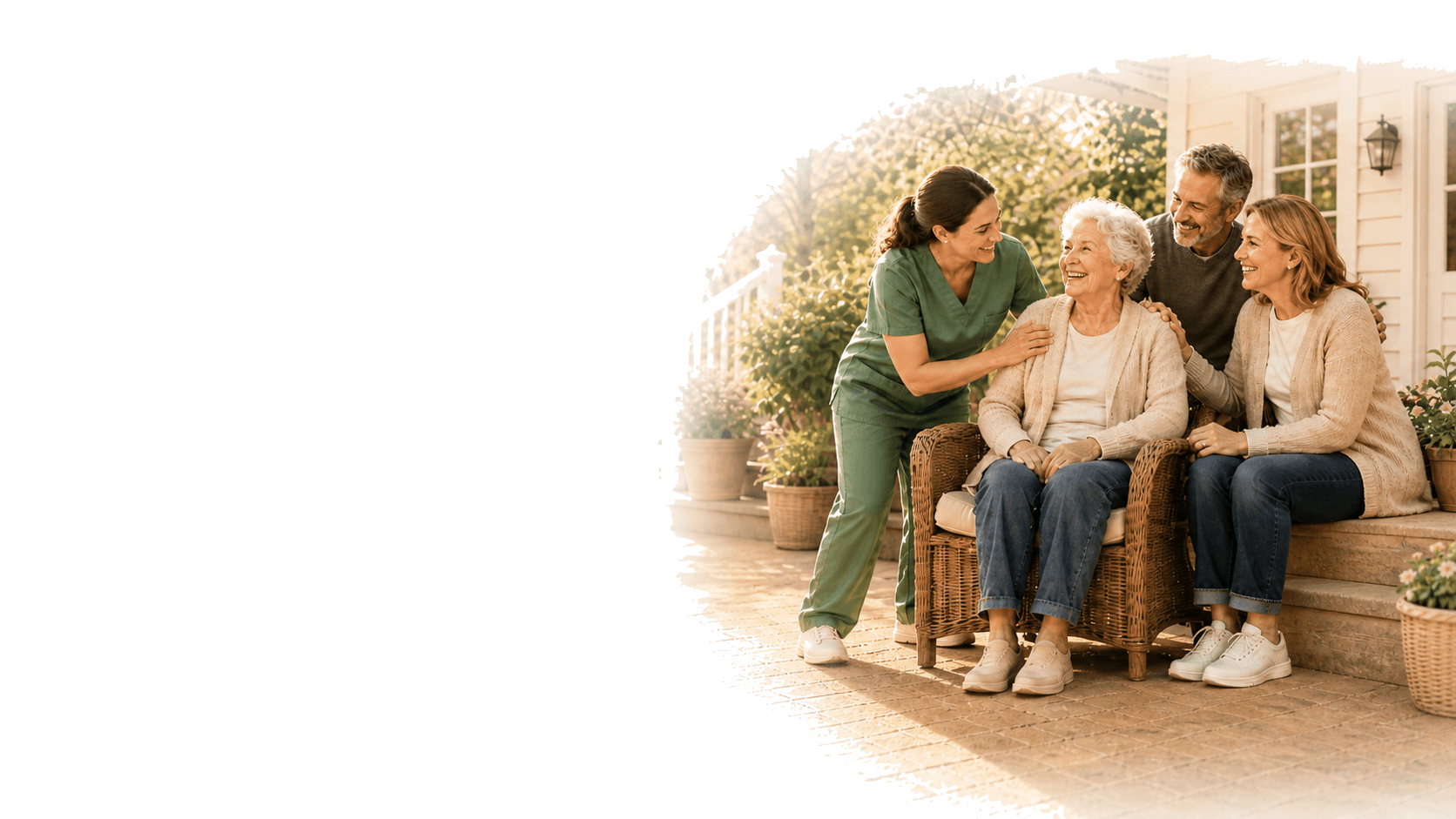 A caregiver and adult children smiling with their aging mother outside a home