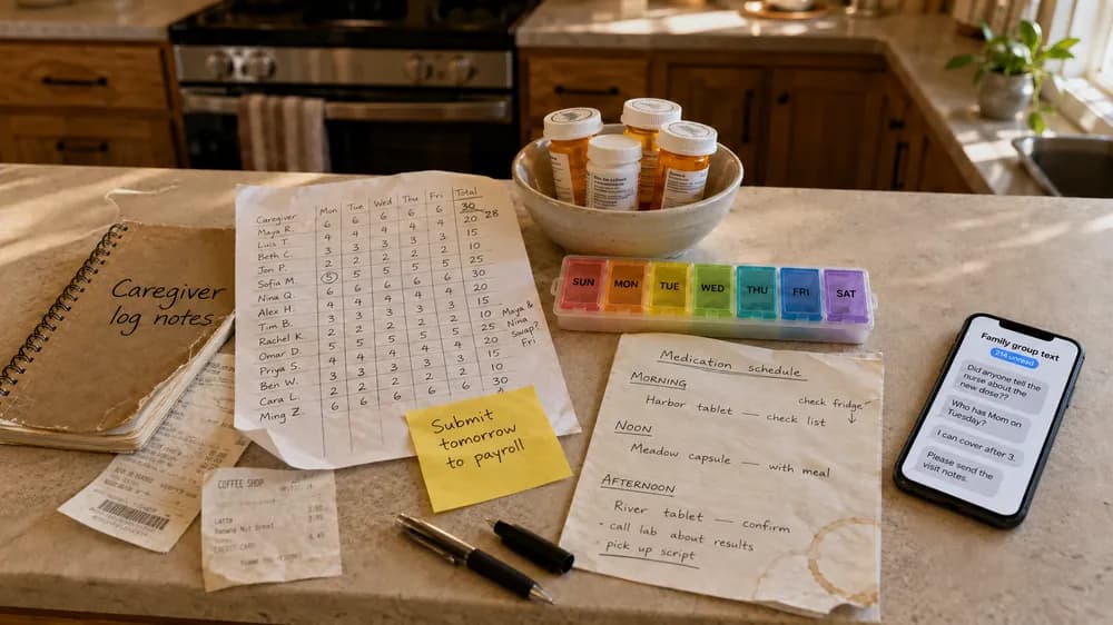 A kitchen counter covered in caregiver notes, medication bottles, a pill organizer, receipts and a phone full of family texts