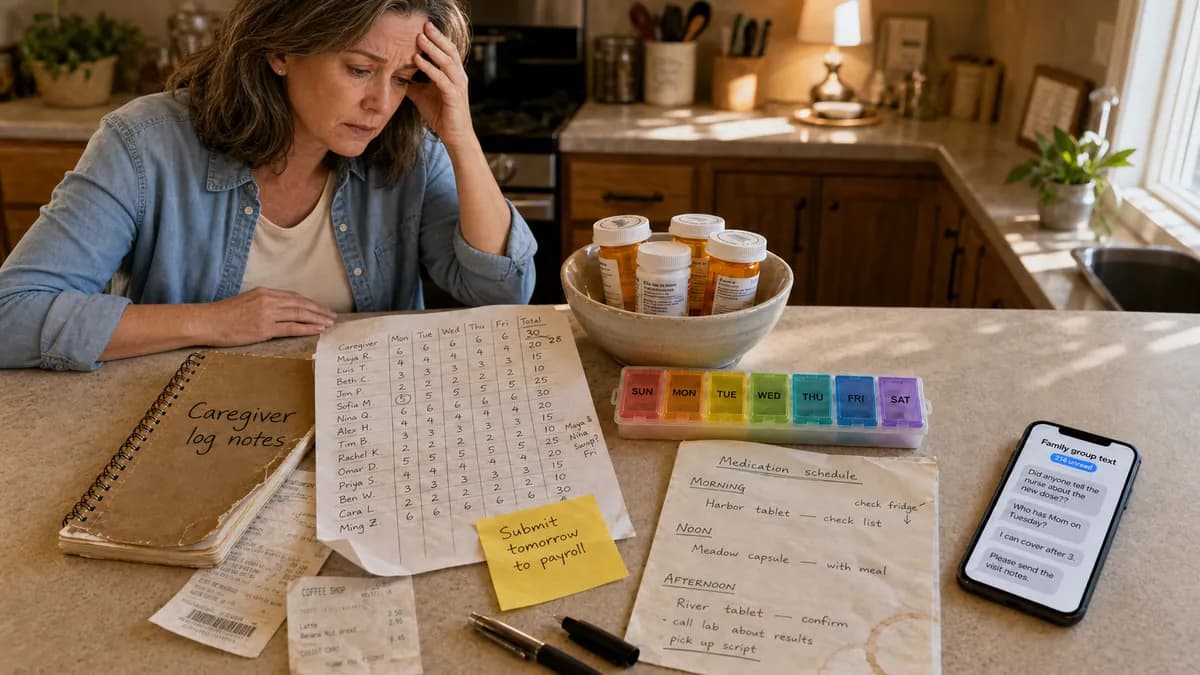 A woman at a kitchen counter surrounded by caregiver notes, medication bottles, a pill organizer, receipts and a phone full of family texts