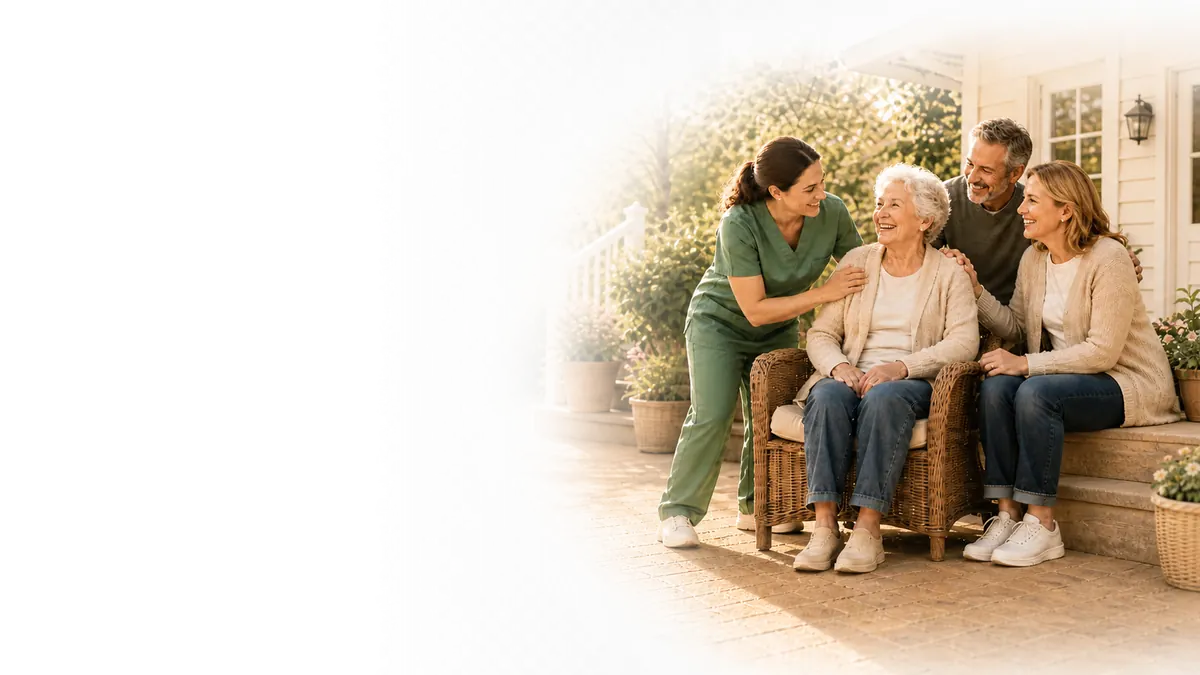 An older woman sitting in a wicker chair on a front porch with a caregiver in scrubs and two adult family members beside her